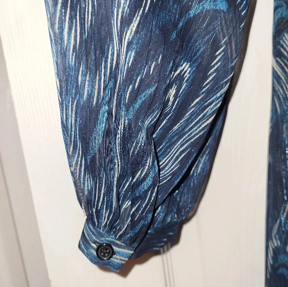 WHISTLES Blue‎ Wave Ruched Dress Size 4 Teal Black Long Sleeve Metallic Glam